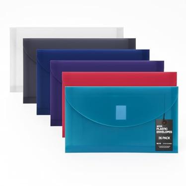 Imagem de 36 envelopes de plástico, envelopes de poliéster reutilizáveis, número 10, 9,75 x 5,5 polegadas, cores sortidas, transparente, carga lateral, com reforço de 2,5 cm para capacidade extra, fecho de gancho e laço, da Better Office Products