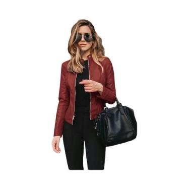 Imagem de Jaqueta Bomber Vintage Feminina Em Couro PU Com Zíper, Corta-Vento Cas