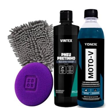 Imagem de Vonixx Kit Lavagem de Moto com Shampoo Moto-V, Pneu Pretinho, Aplicador de Microfibra e a Luva de Tentáculos