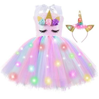 Imagem de Vestido de unicórnio com iluminação LED com lantejoulas para meninas d