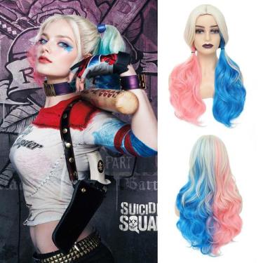 Imagem de Peruca de cosplay ENTRANCED STYLES rosa e azul Long Curly Harl