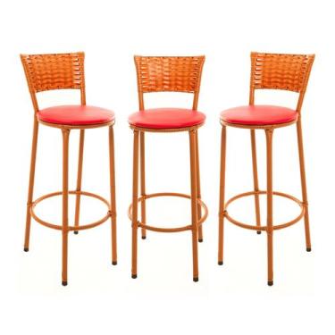 Imagem de KIT 3 Banquetas Alta Encapada Junco IMBUIA Area de Lazer Cozinha Balcã