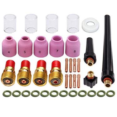 Imagem de Zinger Kit de 37 peças de acessórios para tocha de soldagem TIG para DB SR WP 9 20 25 Tig Tocha de soldagem, com copo nº 10 + bocal de alumínio + pinça + corpo de pinça de lente de gás + junta de copo