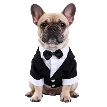 Imagem de Camiseta preta, branca e azul para casamento, smoking de filhote, roupa formal para cães, smoking para cachorro, fantasia de terno e gravata preta média