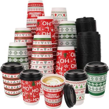 Imagem de Ovveroche 100 peças de copos de papel de café de Natal com tampas 355 ml Copos de chocolate quente de cacau para Natal, inverno, férias, festas, suprimentos vermelho e verde