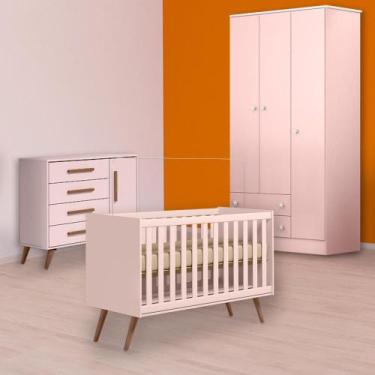 Imagem de Berço Mini Cama Cômoda Sapateira Retrô e Guarda Roupa Rosa - Qmovi