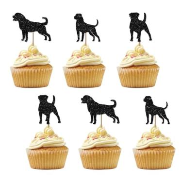 Imagem de Conjunto de 24 topos de cupcake de cachorro Rottweiler, enfeites de cupcake de aniversário para cães, palhetas de cupcake de cachorro de estimação com glitter preto para crianças, artigos de festa