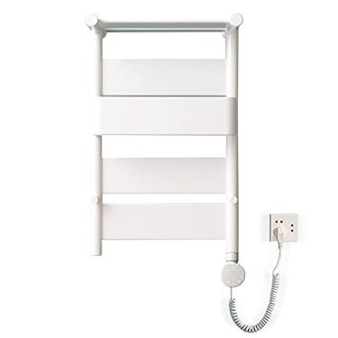 Imagem de Aquecedor de toalhas com temporizador, alumínio, elétrico, aquecido, toalha, com 4 tubos planos, aquecedor de fibra de carbono, radiador de toalheiro aquecido montado na parede, plugue, branco