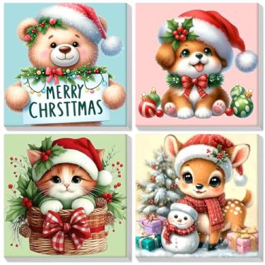 Imagem de Bowetile Pacote com 4 tintas emolduradas de Natal por números para adultos iniciantes, kits fáceis de pintar por número em tela, kits de artesanato de pintura com números acrílicos, presentes de Natal