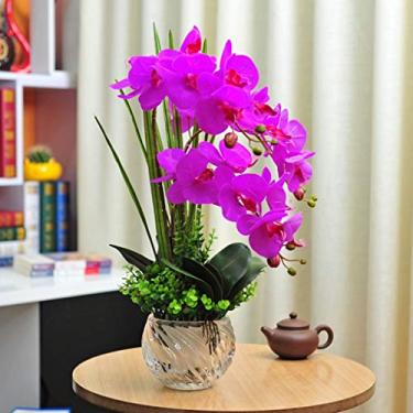 Imagem de DCYEQRQ Flor artificial em vaso Phalaenopsis Orquídea Arranjo de flores artificiais, orquídeas artificiais de poliuretano com vaso de vidro, mesa de jantar de festa de casamento, decoração de mesa de