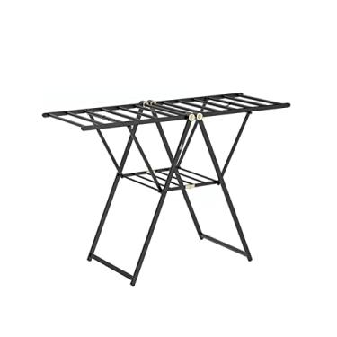 Imagem de escorredor de roupas preto de liga de alumínio telescópica para secar roupas, rack de secagem de roupas do chão ao teto dobrável em forma de asa toalheiro ao ar livre