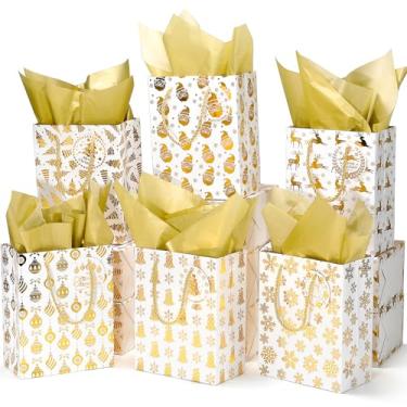 Imagem de BEAVOING Pacote com 12 sacos de presente de Natal com papel de seda, sacos de embrulho de Natal com cordão 22 x 18 x 9 cm com alças para lembrancinhas de festa de fim de ano