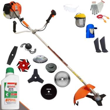 Imagem de Roçadeira Vulcan VR620H À Gasolina 62cc 3HP + Facas 2 Pontas; 40 Dentes; 80 Dentes; 6 Pontas; Trimmer + Escova 38 Cerdas  + Óleo Sthil + KIT EPI