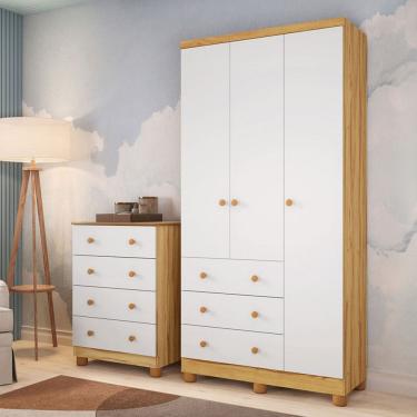 Imagem de Quarto de Bebê Completo Junior 3 Portas 7 Gavetas 100% Mdf Branco Brilho/Amêndoa - Movéis Peroba