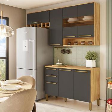 Imagem de Cozinha Compacta Napoli 7 Portas 2 Gavetas 100% Mdf com Vidro Amêndoa/Cinza - Rio Doce