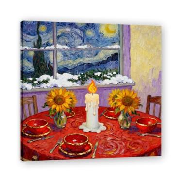 Imagem de Mesa de jantar amarela quente, impressão de arte de Natal impressionista, pincelada, decoração de tela para escritório doméstico 69,8 x 69,8 cm emoldurada