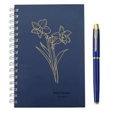 Imagem de Vebermo Agenda diária A5 sem data, caderno espiral com conjunto de canetas, agenda horária Asten para escritório, casa, escola, fecho elástico, azul escuro