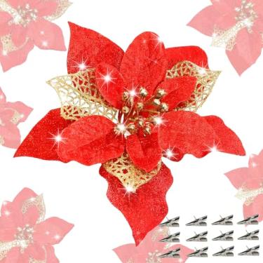 Imagem de QIHANS 24 peças de flores de poinsétia artificiais com clipes, decoração de Natal de 15 cm, poinsétia com glitter, decoração de flores de árvore de Natal para guirlanda de guirlanda de ano novo, festa