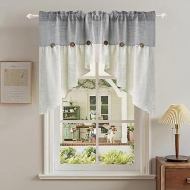 Imagem de Cortina de linho cinza para sala de estar com botão de cozinha, saia de casa de fazenda, privacidade, bolso para varão, camadas de janela boho para janelas pequenas, banheiro, quarto, 1 painel, L 132