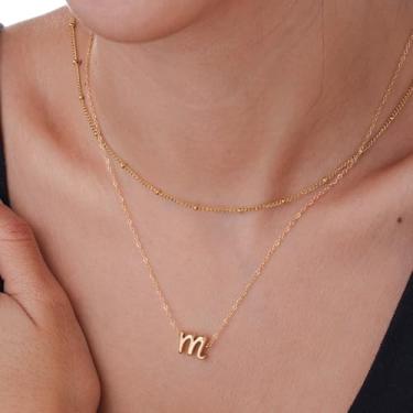 Imagem de Colar com inicial em camadas com corrente ajustável, joia minimalista com pingente de camada dupla, 35,5 cm + 40,6 cm + 5,8 cm a 68 cm com extensor de 5 cm para uso diário, 14+2in/16+2in, Aço