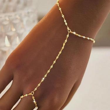 Imagem de Pulseira de corrente de mão dourada com anel para mulheres, joia de mão ajustável com design elegante de elos de charme, moda moderna, Medium, Latão, Sem Pedra Preciosa