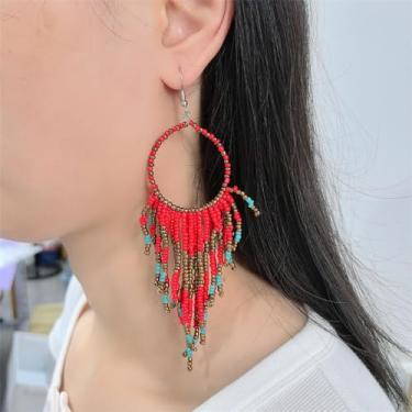 Imagem de Brincos femininos com franja longa com pingente boho com contas de bola boho com corrente de argola e franja de gancho pendurado, lustre tribal, joia exagerada para apanhar sonhos, Large, Metal, Sem