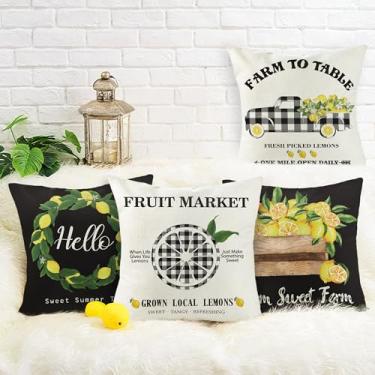 Imagem de 4 peças de capas de almofada de limão xadrez de búfalo almofada para sofá preto branco grade rústica caminhão linho fronhas decoração de casa ao ar livre em 45,7 cm x 45,7 cm