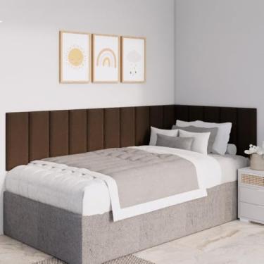 Imagem de Kit Cabeceira Modulada Estofada em L para Cama Box Casal Queen King | Placas 45x20cm em Suede Premium com Fita Dupla Face(MARROM,SOLTEIRO - 15 PLACAS)