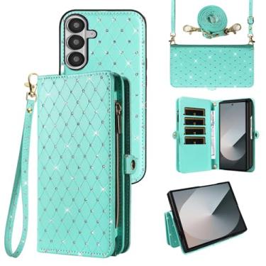 Imagem de Asuwish Capa de celular para Samsung Galaxy Z Fold 7 com zíper destacável carteira celular com alça transversal brilhante flip porta-cartões ZFold Z7 G Fold7 7Z mulheres homens meninas verde