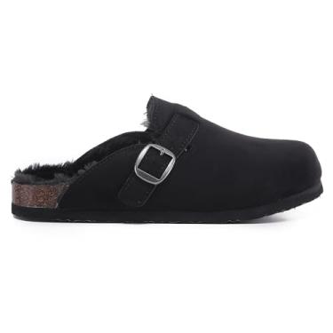 Imagem de VIVASHOES Tamanco feminino de camurça com fivela – Mule clássico de bico fechado com alça ajustável, palmilha de cortiça e sola de borracha – Conforto sem esforço para dias aconchegantes, descanso e