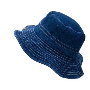 Imagem de Chapéu de pescador feminino de cowboy com botão flip chapéu panamá chapéu de bacia ajustável chapéu de sol para pesca ao ar livre azul escuro tamanho único