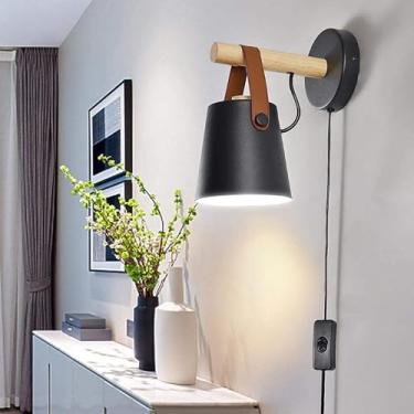 Imagem de GZZBMY E27 Apliques de parede com interruptor e tomada retro industrial metal candeeiros de parede madeira interior iluminação para quarto cabeceira sala de estar (sem lâmpada) (preto)