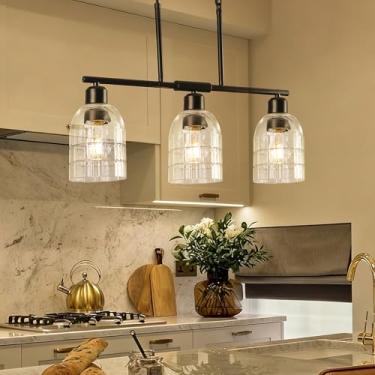 Imagem de Iluminação de ilha de cozinha de 3 luzes, luminárias lineares pretas escovadas para sala de jantar com vidro transparente, lustre industrial moderno para cozinha e sala de jantar (altura ajustável)