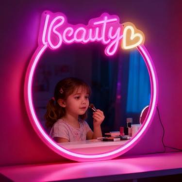 Imagem de Espelho de beleza sinal néon coração neon placa de arte de parede para decoração de parede rosa LED neon espelho sinal de luz para quarto de meninas quarto casamento festa de aniversário