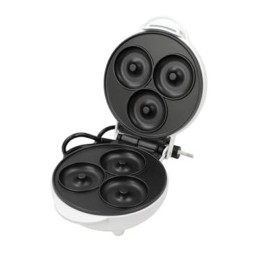 Imagem de Máquina de Donuts Elétrica, Branco, 3 Formas Antiaderentes, 500W, 18x13x8cm, Base Plástica, Indicador Luminoso, 110V
