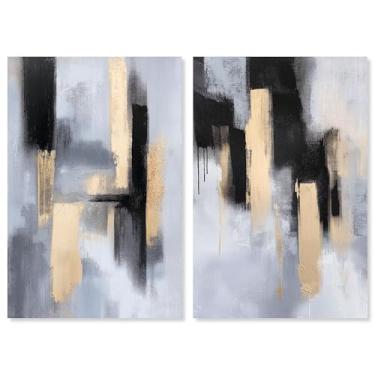 Imagem de Conjunto de 2 painéis abstratos de luxo dourado em tela azul da Art Remedy, envolto em galeria, 50 x 76 cm