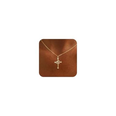 Imagem de Picuzzy Colar de cruz banhado a ouro 14K para mulheres, colar delicado com pingente de cruz para mulheres, crucifixo cristão moderno, joia de fé, presente para mulheres, Latão banhado a ouro 14K, Sem
