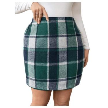 Imagem de Saia MakeMechic xadrez elástico de cintura alta, lápis plus size
