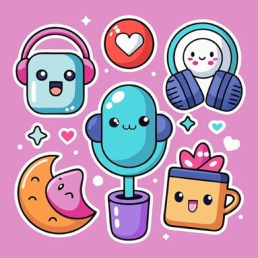 Imagem de Adesivo Kawaii Infantil para Quarto e Cadernos - Decoração Colorida com Microfone e Fones 50x50cm