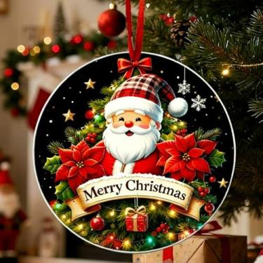 Imagem de 1 peça de enfeite de Natal de acrílico, decoração de pendurar com tema de Papai Noel redondo para árvore de Natal, chaveiro faça você mesmo e presente de lembrança festiva para casa, festas de fim de