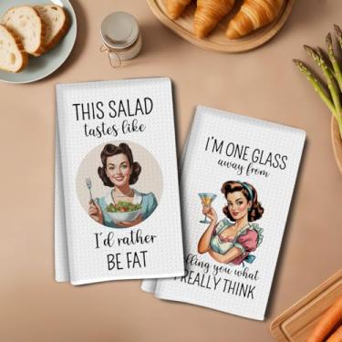 Imagem de 2 peças de toalhas de cozinha engraçadas Sassy Lady 35 x 61 cm, pano de prato decorativo de microfibra absorvente retrô toalha de chá, toalhas de mão waffle para cozinha, casa, banheiro, 2