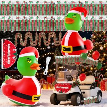 Imagem de Hungdao 9 peças de decorações de desfile de carrinho de golfe de Natal incluem 1 peça de pato monstro gigante verde gigante inflável com bandeira flutuante guirlanda de tinsel para decoração de Natal