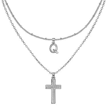 Imagem de ZENI Colar delicado de cruz para mulheres, banhado a ouro 14K, corrente em camadas, pingente inicial, colar gargantilha com pingente inicial, cruz de zircônia cúbica, joia de fé cristã, presentes de comunhão para meninas, 16"+2" adjustable, 15"+2" adjustable, x:li>, Zircônia cúbica