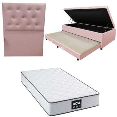 Imagem de Cama Box Baú Solteiro com Auxiliar (Bicama) + Colchão Doss Molas Ensacadas 30cm | Kit Completo com Cabeceira Botonê Opcional | Diversas Cores (3, CORINO ROSA, COM CABECEIRA)