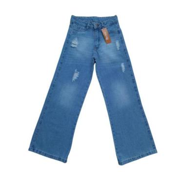 Imagem de Calça Jeans Feminina Wide Leg Pantalona Juvenil Infantil Meninas Azul 
