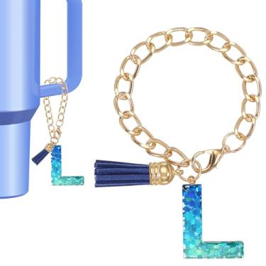 Imagem de Berloque de letras para copo Stanley Tumbler, lindos acessórios com pingente inicial L para Stanley Tumbler Handle chaveiro personalizado para mulheres, azul
