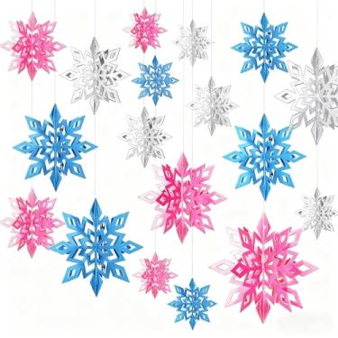 Imagem de Whaline 18 peças de decorações de Natal rosa azul prata 3D enfeites de papel floco de neve com cordão grande guirlandas pingente de floco de neve para Natal, inverno, festa do país das maravilhas em