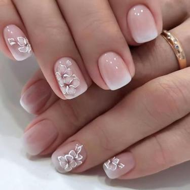 Imagem de 24 peças de unhas quadradas curtas francesas, unhas postiças gradientes rosa com design de flores brancas, unhas postiças de acrílico elegante, unhas postiças reutilizáveis naturais para mulheres e