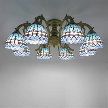 Imagem de Lustre vintage americano de luxo europeu para sala de estar, restaurante, quarto, villa, hotel, café ou bar, luminária pendente de vidro azul com LED (8 lâmpadas)