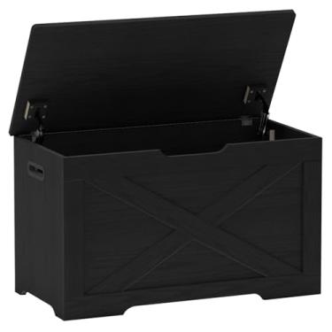 Imagem de Timberer Baú de armazenamento, banco de armazenamento de madeira, banco de sapatos de entrada com 2 dobradiças de segurança, para sala de estar, quarto, 40 x 80 x 40 cm, preto